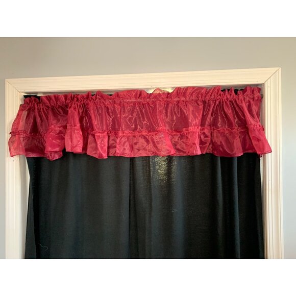 Vintage Red Sheer Ruffled Valance Curtains 84" x 12" Elegant Shiny Fabric Window - Picture 1 of 3
